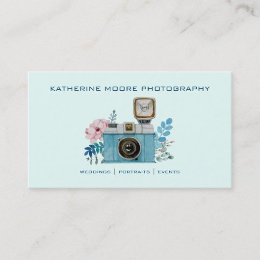 Waterverf  camera & bloemen visitekaartje (Voorkant)