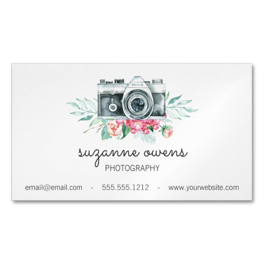  Waterverf Camera en Flowers Magnet Magnetisch Visitekaartje (Voorkant)