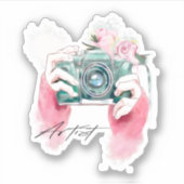 Waterverf camera met roze bloemen Sticker (Voorkant)