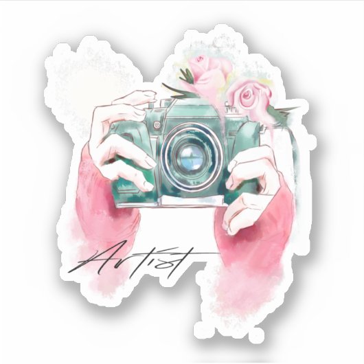 Waterverf camera met roze bloemen Sticker (Voorkant)