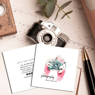 Waterverf camera met roze vierkante visitekaartje