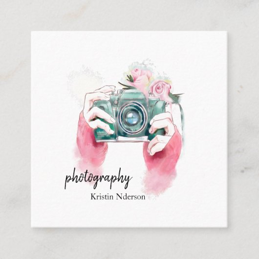 Waterverf camera met roze vierkante visitekaartje (Voorkant)