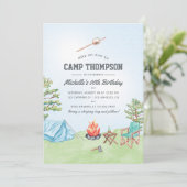 Waterverf Camping Birthday Party Invitation Kaart (Staand voorkant)