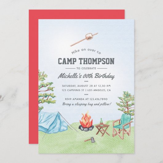 Waterverf Camping Birthday Party Invitation Kaart (Voorkant / Achterkant)