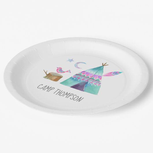 Waterverf Camping Birthday Party Papieren Bordje (Gekanteld)
