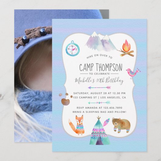 Waterverf Camping Birthday Party Photo Invitation Kaart (Voorkant / Achterkant)