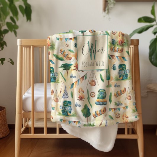 Waterverf Camping Illustrated Pattern Monogram Sherpa Deken