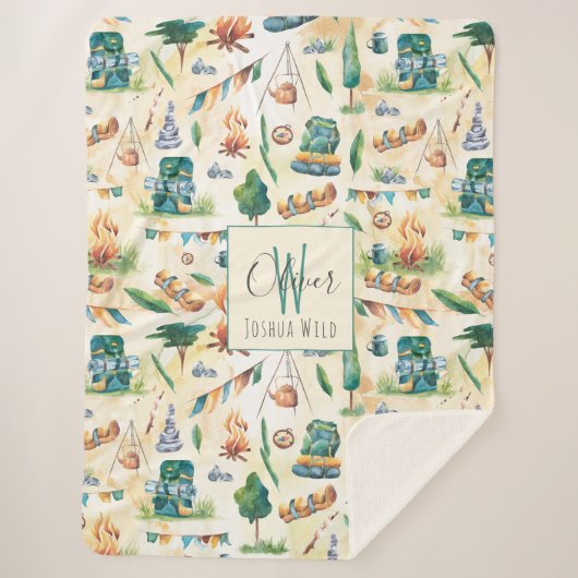Waterverf Camping Illustrated Pattern Monogram Sherpa Deken (Voorkant)