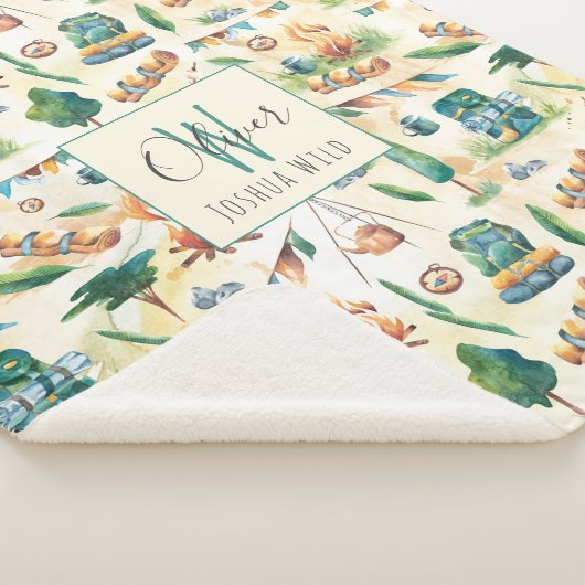 Waterverf Camping Illustrated Pattern Monogram Sherpa Deken (3/4)