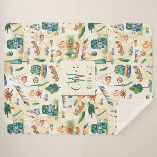 Waterverf Camping Illustrated Pattern Monogram Sherpa Deken (Voorkant (horizontaal))