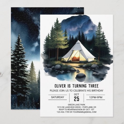 Waterverf Campout Verjaardagsuitnodiging Kaart (Voorkant / Achterkant)