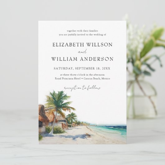 Waterverf Cancun Mexico Beach Trouwfoto Kaart (Staand voorkant)