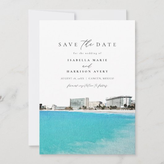 Waterverf Cancun Mexico Skyline De datum opslaan Kaart (Voorkant)