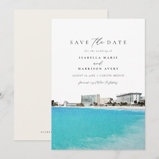 Waterverf Cancun Mexico Skyline De datum opslaan Kaart (Voorkant / Achterkant)