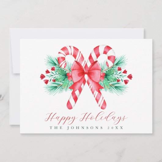 Waterverf Candy Cane en Bow Christmas Feestdagenkaart (Voorkant)