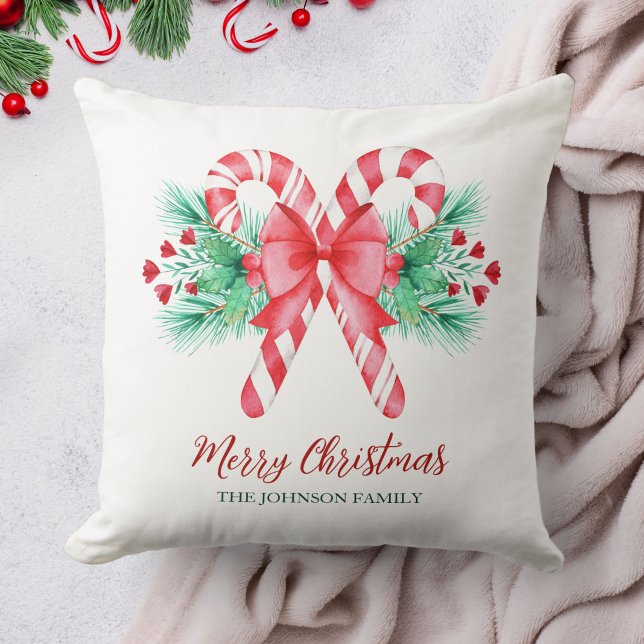 Waterverf Candy Canes en Bow + Naam Kerst Kussen (Watercolor Candy Canes and Bow + Name Christmas Throw Pillow)