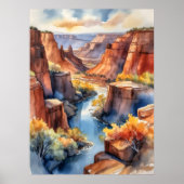 Waterverf Canyon Landschap met River en Cliffs Poster (Voorkant)