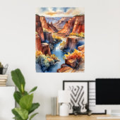 Waterverf Canyon Landschap met River en Cliffs Poster (Thuiskantoor)