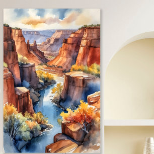Waterverf Canyon Landschap met River en Cliffs Poster