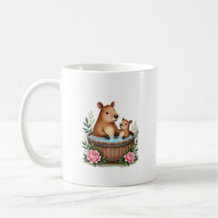 Waterverf capybara-moeder geniet van spa-dag in ee koffiemok