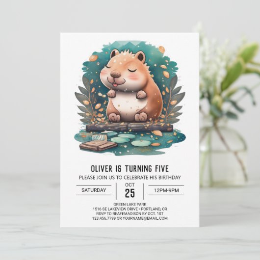 Waterverf Capybara Verjaardagsuitnodiging Kaart (Staand voorkant)