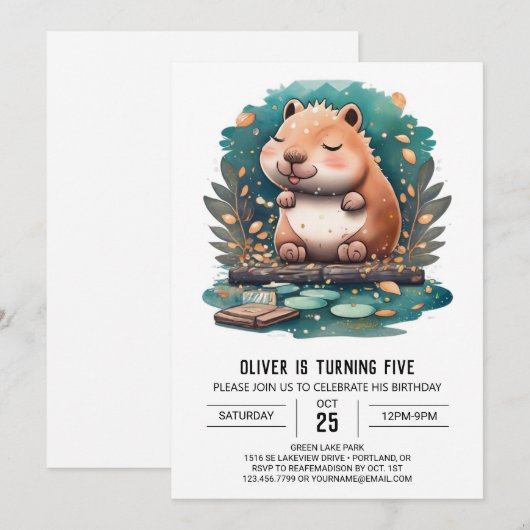 Waterverf Capybara Verjaardagsuitnodiging Kaart (Voorkant / Achterkant)