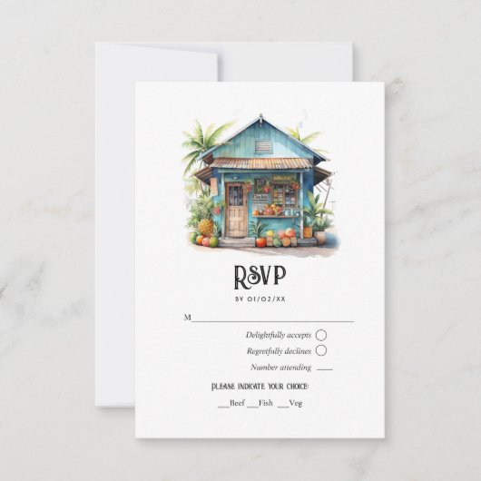 Waterverf Caraïben Bestemming Bruiloft RSVP Kaartje (Voorkant)