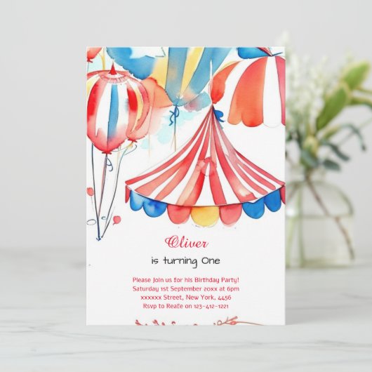 Waterverf Carnaval Circus 1e Verjaardagsuitnodigin Kaart (Staand voorkant)