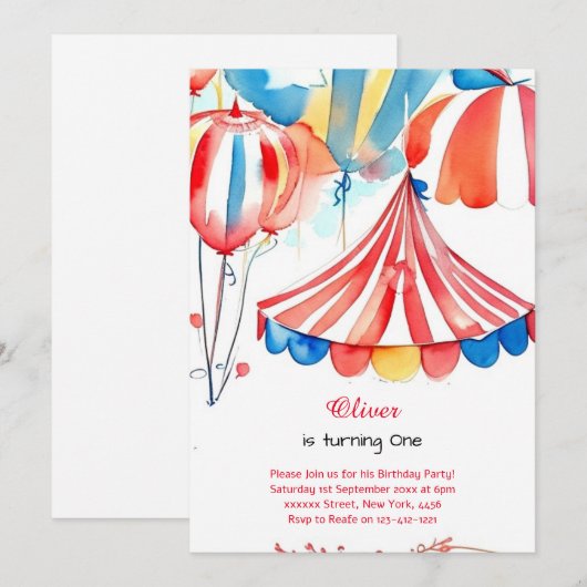 Waterverf Carnaval Circus 1e Verjaardagsuitnodigin Kaart (Voorkant / Achterkant)
