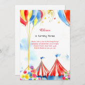 Waterverf Carnaval Circus 1e Verjaardagsuitnodigin Kaart (Voorkant / Achterkant)