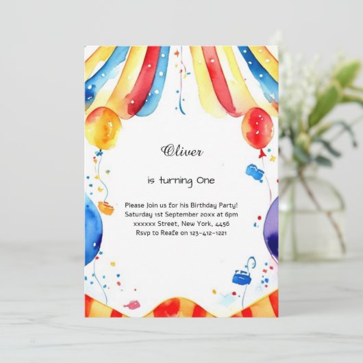 Waterverf Carnaval Circus 1e Verjaardagsuitnodigin Kaart (Staand voorkant)