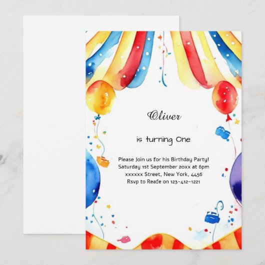 Waterverf Carnaval Circus 1e Verjaardagsuitnodigin Kaart (Voorkant / Achterkant)