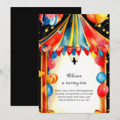 Waterverf Carnaval Circus 1e Verjaardagsuitnodigin Kaart (Voorkant / Achterkant)