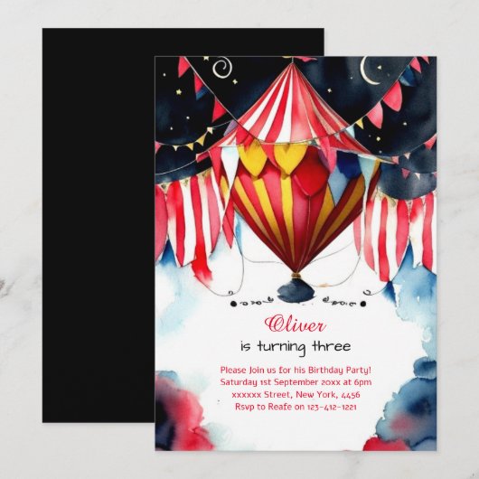 Waterverf Carnaval Circus 1e Verjaardagsuitnodigin Kaart (Voorkant / Achterkant)