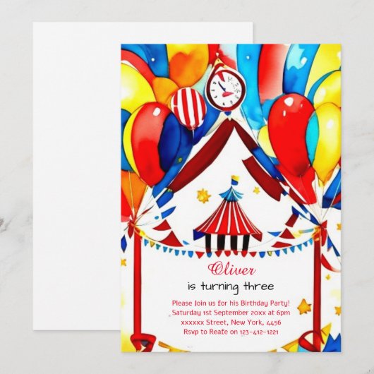 Waterverf Carnaval Circus Verjaardagsuitnodiging Kaart (Voorkant / Achterkant)