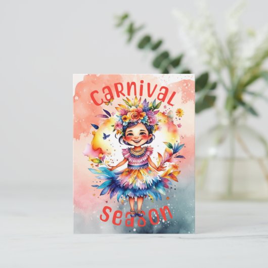 Waterverf carnaval seizoen meisje briefkaart (Staand voorkant)