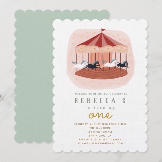 Waterverf Carousel First Birthday Invitation Kaart (Voorkant / Achterkant)