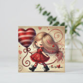 Waterverf cartoon Valentijn meisje met ballon Feestdagenkaart (Staand voorkant)