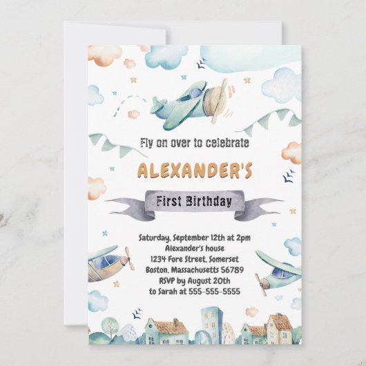 Waterverf Cartoon Vliegtuigen Kids Verjaardag Uitn Kaart (Voorkant)