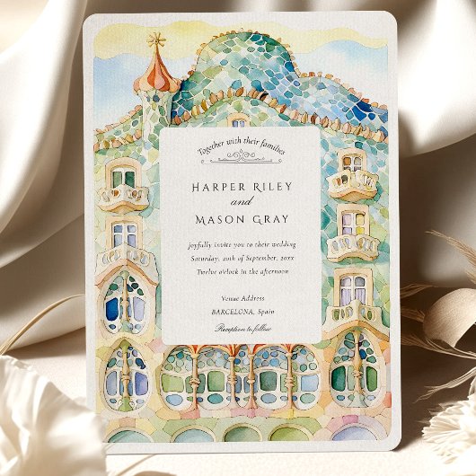 Waterverf Casa Batlló bruiloft Kaart