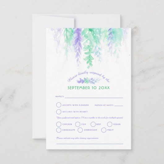 Waterverf cascade bruiloft paarse blauw groen RSVP (Voorkant)