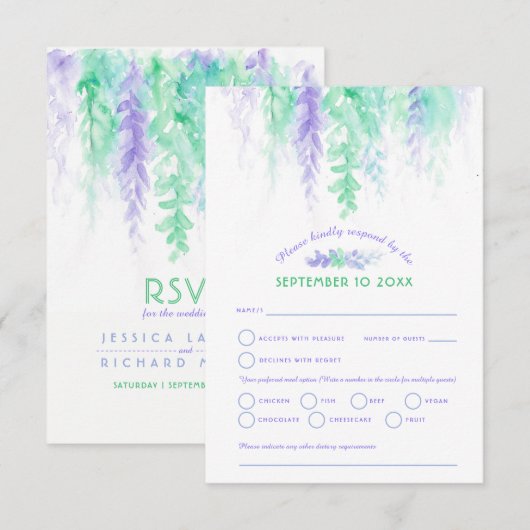 Waterverf cascade bruiloft paarse blauw groen RSVP (Voorkant / Achterkant)