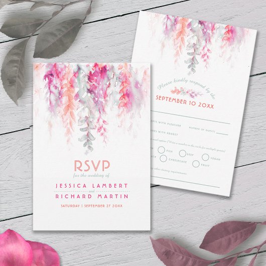 Waterverf cascade bruiloft salie groen koraal roze RSVP kaartje