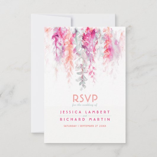 Waterverf cascade bruiloft salie groen koraal roze RSVP kaartje (Achterkant)