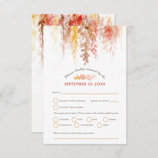Waterverf cascade herfst bruin sinaasappel bruilof RSVP kaartje (Voorkant / Achterkant)