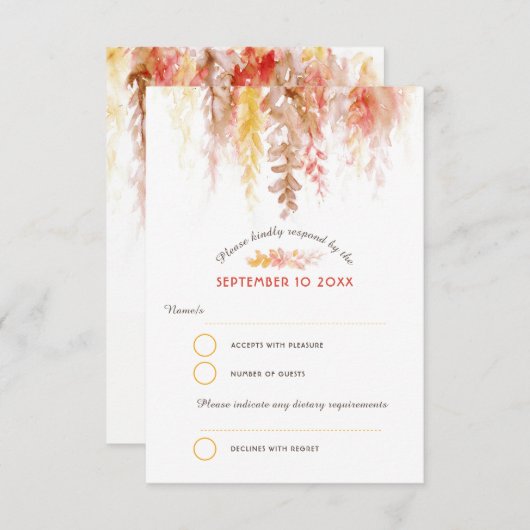 Waterverf cascade herfst bruin sinaasappel bruilof RSVP kaartje (Voorkant / Achterkant)