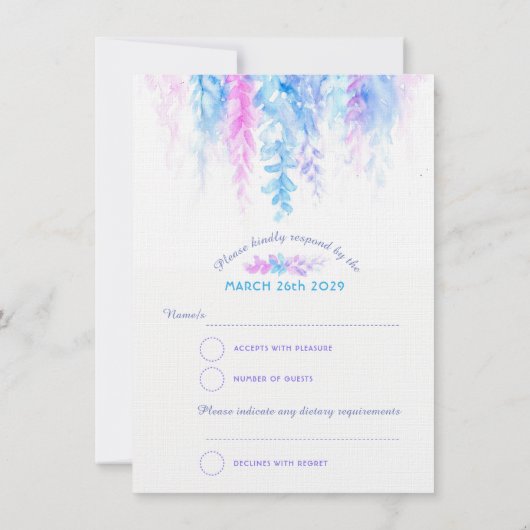 Waterverf cascaderend blauw paarse trouw-RSVP Kaart (Achterkant)