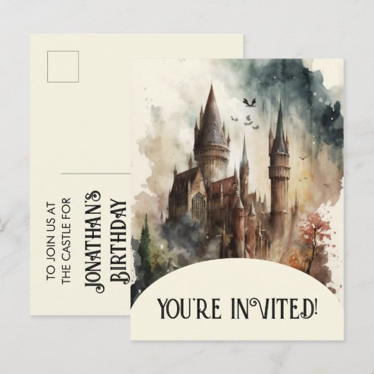 Waterverf Castle Artwork Birthday Uitnodiging (Voorkant / Achterkant)