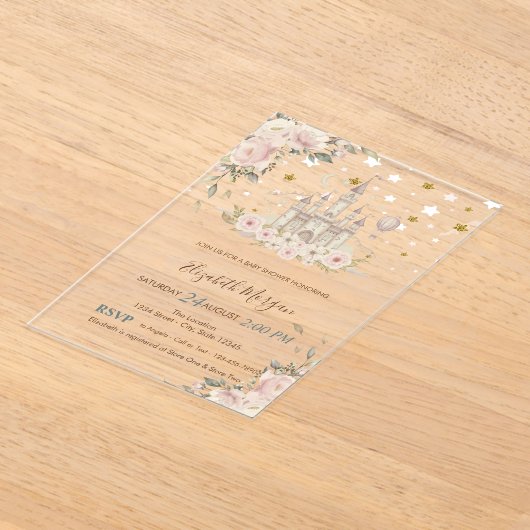 Waterverf Castle, Bloemen, Gouden Sterren Baby sho Acryl Uitnodigingen (Laagn)