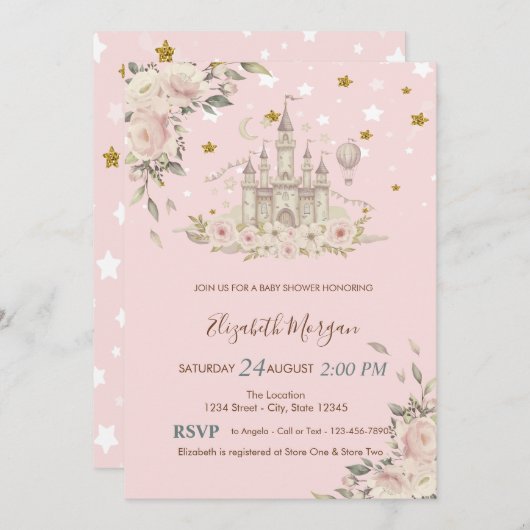 Waterverf Castle, Bloemen, Gouden Sterren Baby sho Kaart (Voorkant / Achterkant)